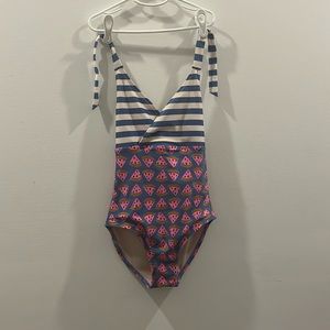 Watermelon/blue stripe kids one piece bathing suit.